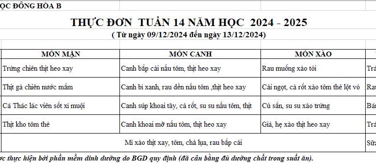 BỮA ĂN HỌC ĐƯỜNG T.14 2024-2025