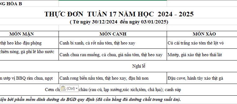 BỮA ĂN HỌC ĐƯỜNG T.17 2024-2025
