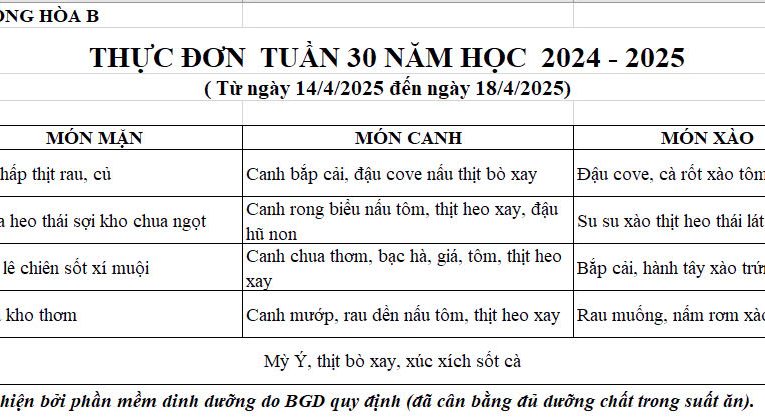 BỮA ĂN HỌC ĐƯỜNG T.30 2024-2025